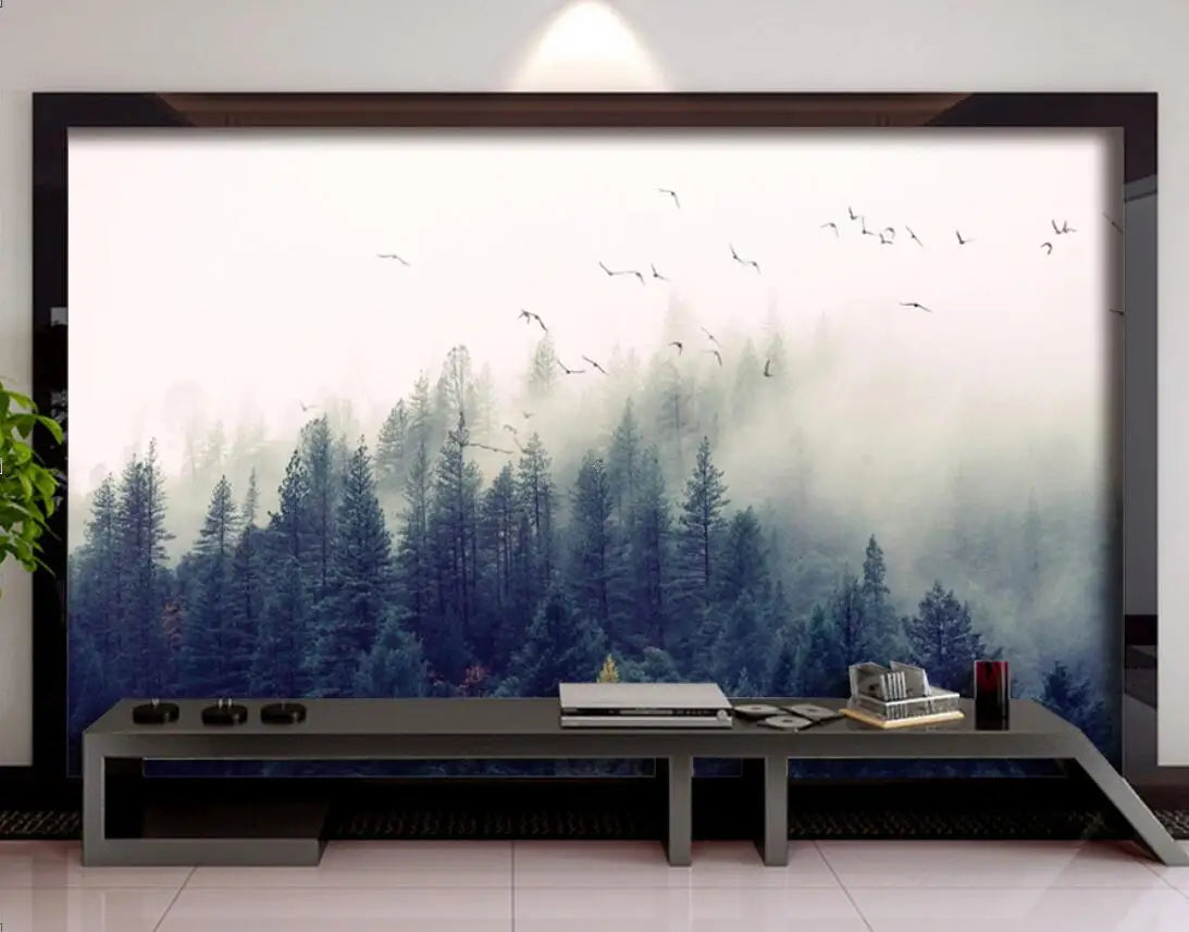 Misty Forest Landscape Wall Mural Big Format Printed Nordic Wallcovering Wallpaper For Modern Living Room Creative Home Office Wall Decoration