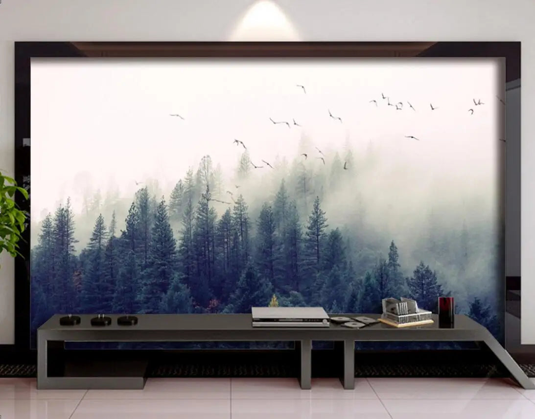Misty Forest Landscape Wall Mural Big Format Printed Nordic Wallcovering Wallpaper For Modern Living Room Creative Home Office Wall Decor