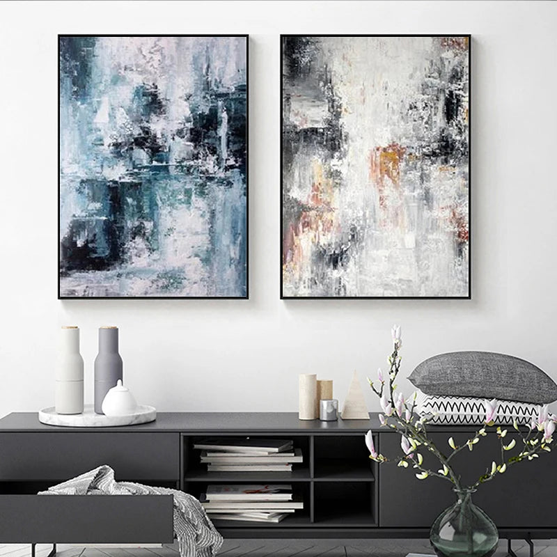 Blue Gray Contemporary Abstract Wall Art Fine Art Canvas Prints Posters Pictures For Living Room Home Office Art Decor