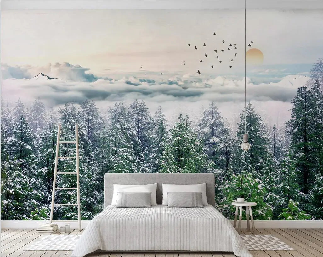 Misty Forest Landscape Wall Mural Big Format Printed Nordic Wallcovering Wallpaper For Modern Living Room Creative Home Office Wall Decoration