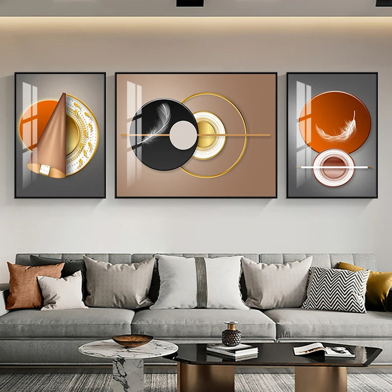 Set of 3Pcs Nordic Abstract Circle Of Light Auspicious Flowing Landscape Wall Art Fine Art Canvas Prints Pictures For Luxury Living Room Dining Room Wall Decor (Triptych, Set of 3)