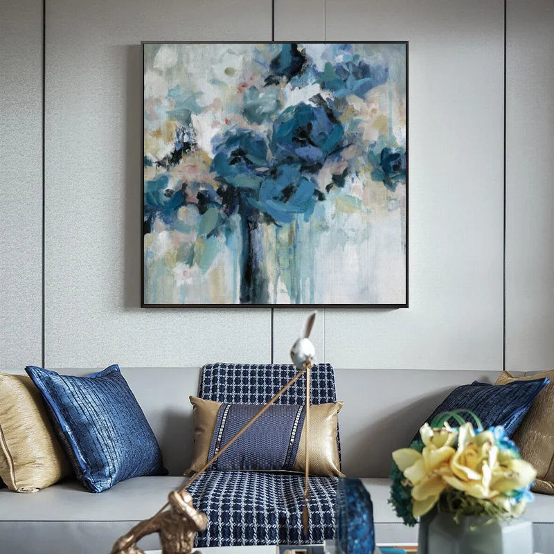 Modern Abstract Blue Floral Wall Art Fine Art Canvas Prints Square Format Pictures For Living Room Bedroom Art For Contemporary Interiors