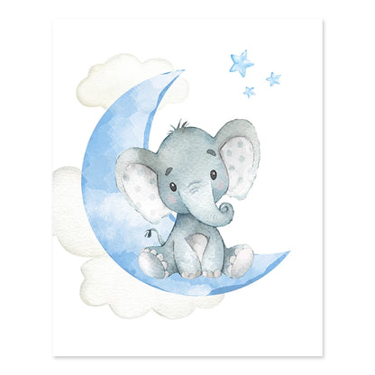 Cute Personalized Baby's Name Wall Art Fine Art Canvas Prints For Nursery Room Baby Elephant Moon & Stars Pictures For Kid's Room Decor