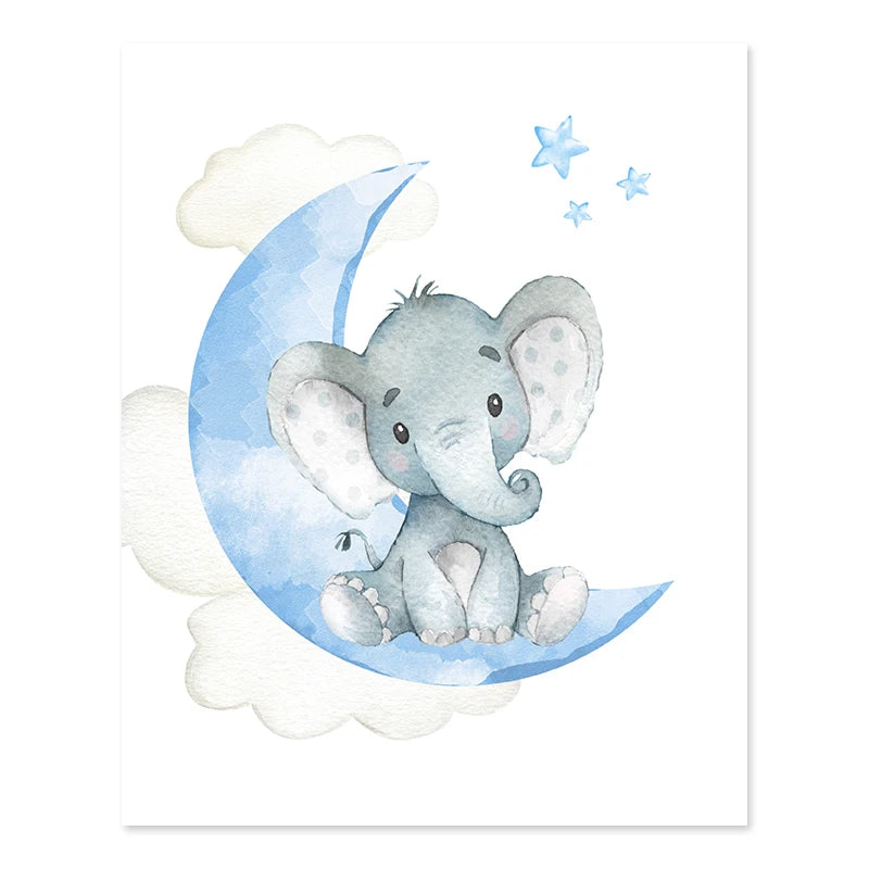 Cute Personalized Baby's Name Wall Art Fine Art Canvas Prints For Nursery Room Baby Elephant Moon & Stars Pictures For Kid's Room Decor