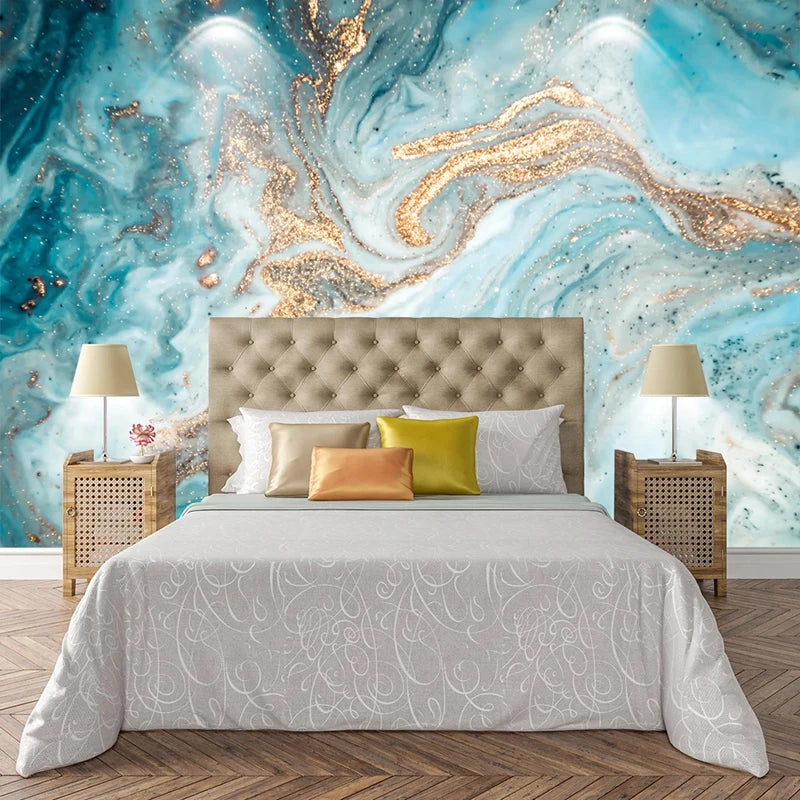 Aqua Blue Liquid Marble Nordic Wall Mural Big Size Abstract Wall Painting Fresco Wall Covering Wallpaper For Modern Living Room Home Decor