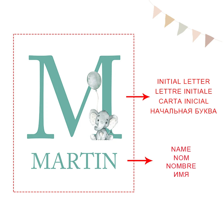 Cute Personalized Baby's Name Wall Art Fine Art Canvas Prints For Nursery Room Baby Elephant Moon & Stars Pictures For Kid's Room Decor