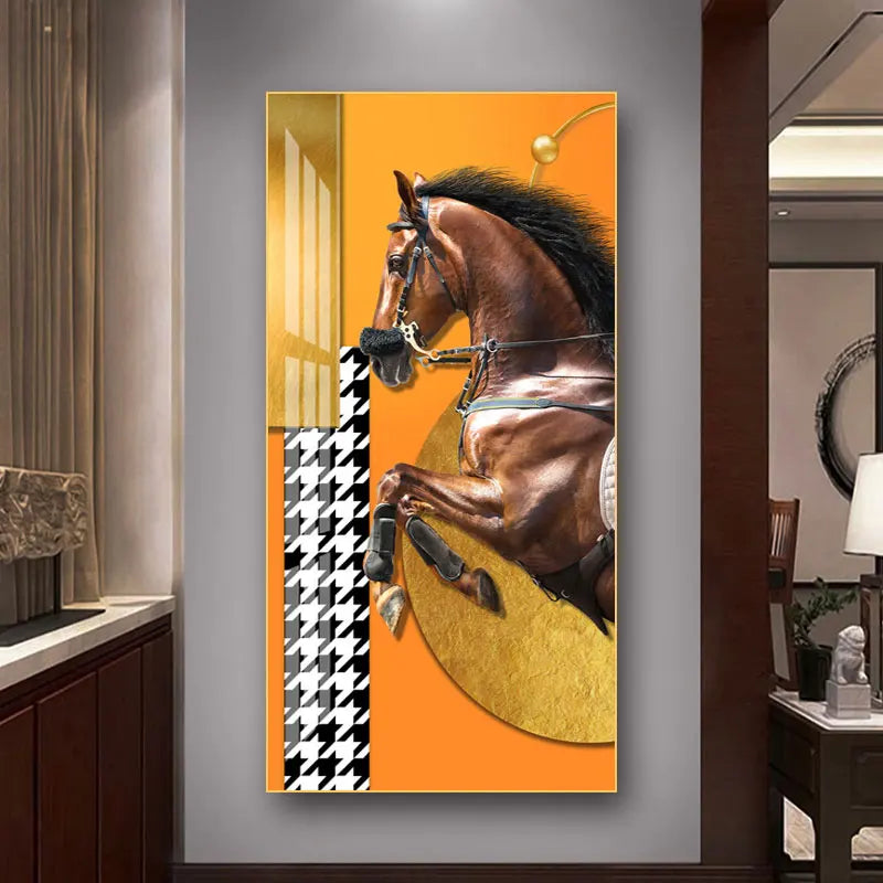 Elegant Equestrian Wall Art Fine Art Canvas Print Majestic Bay Horse Portrait on Abstract Orange Background for Pictures For Modern Interior Decor