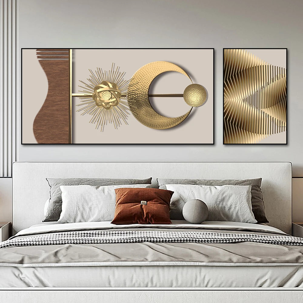 Modern Abstract Golden Sun Moon Wall Art Fine Art Canvas Prints 3d Visual Geometric Pictures For Luxury Loft Penthouse Home Office Decor