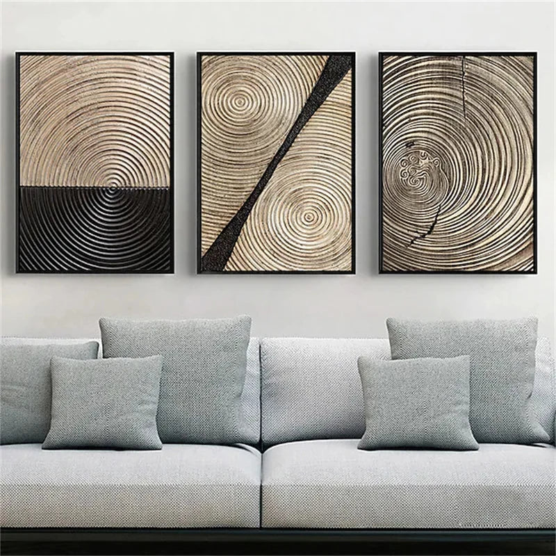 Golden Black Wood Tree Rings Wall Art Fine Art Canvas Prints Modern Abstract Pictures For Urban Loft Luxury Living Room Decor