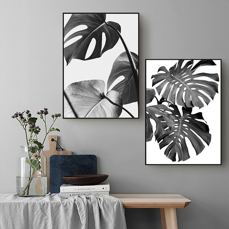 Simple Living Daily Inspirational Wall Art Black White Minimalist Tropical Leaves Pictures For Family Living Room Bedroom Art Decor