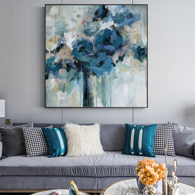 Modern Abstract Blue Floral Wall Art Fine Art Canvas Prints Square Format Pictures For Living Room Bedroom Art For Contemporary Interiors