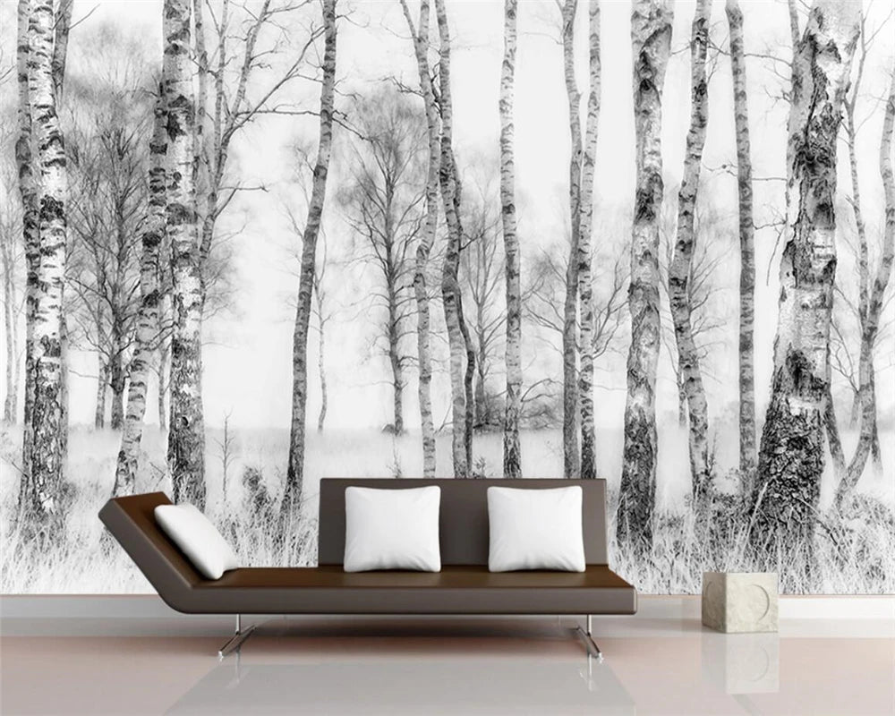 Black & White Woodland Landscape Wall Mural Big Format Custom Sizes Nordic Wall Covering Creative DIY Wall Decor For Living Room