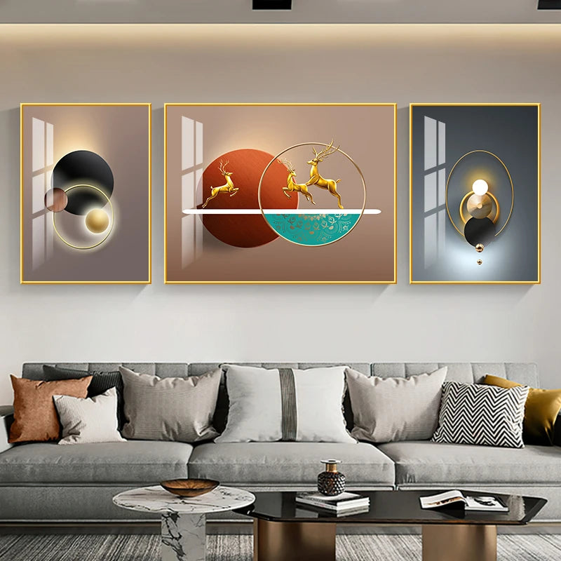 Set of 3Pcs Nordic Abstract Circle Of Light Auspicious Flowing Landscape Wall Art Fine Art Canvas Prints Pictures For Luxury Living Room Dining Room Wall Decor (Triptych, Set of 3)