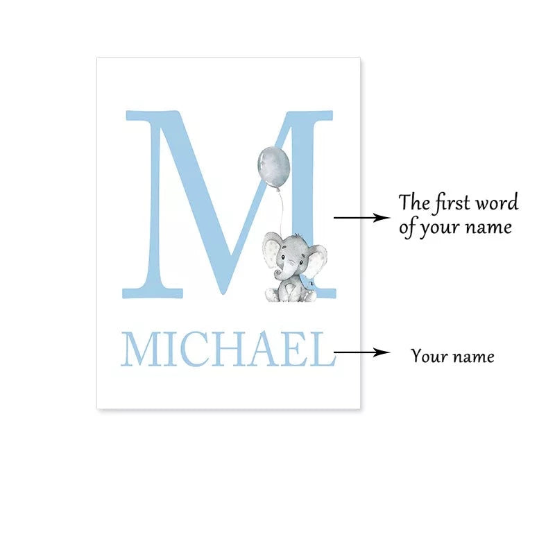 Cute Personalized Baby's Name Wall Art Fine Art Canvas Prints For Nursery Room Baby Elephant Moon & Stars Pictures For Kid's Room Decor