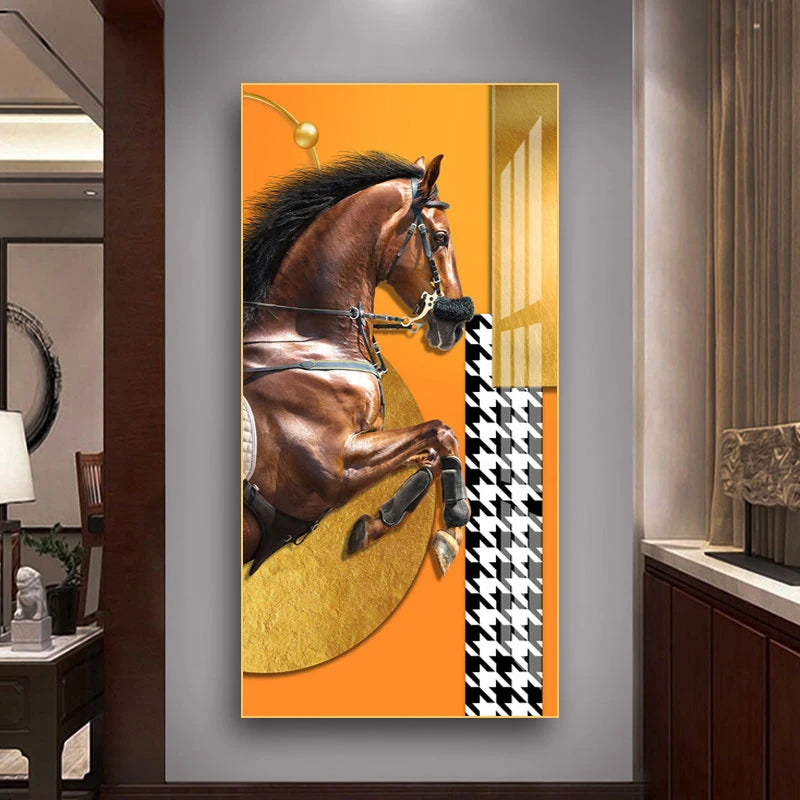 Elegant Equestrian Wall Art Fine Art Canvas Print Majestic Bay Horse Portrait on Abstract Orange Background for Pictures For Modern Interior Decor