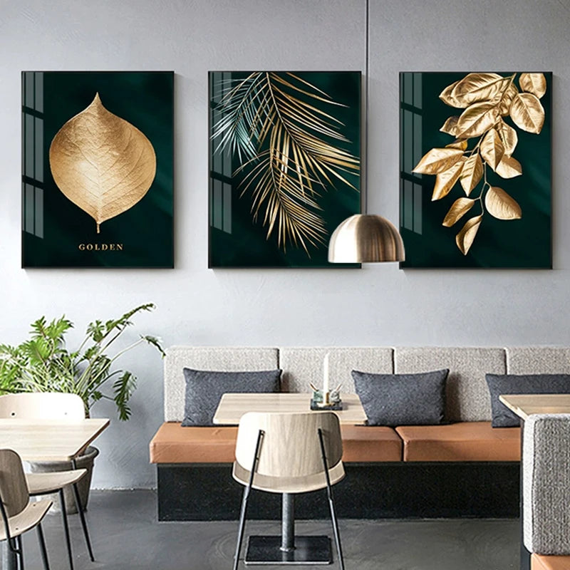 Set of 3Pcs Golden Leaf Wall Art Minimalist Nordic Tropical Plants Fine Art Canvas Prints Pictures For Living Room Dining Room Art Decor