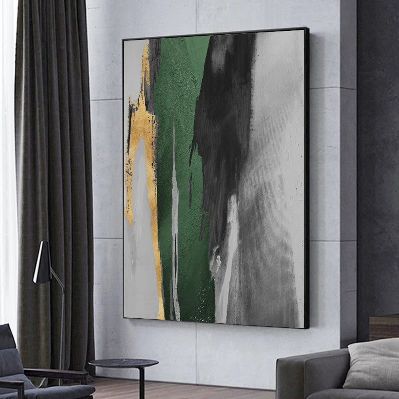 Green Gray Golden Seam Geomorphic Abstract Wall Art Fine Art Canvas Prints Pictures For Modern Apartment Living Room Dining Room Home Office