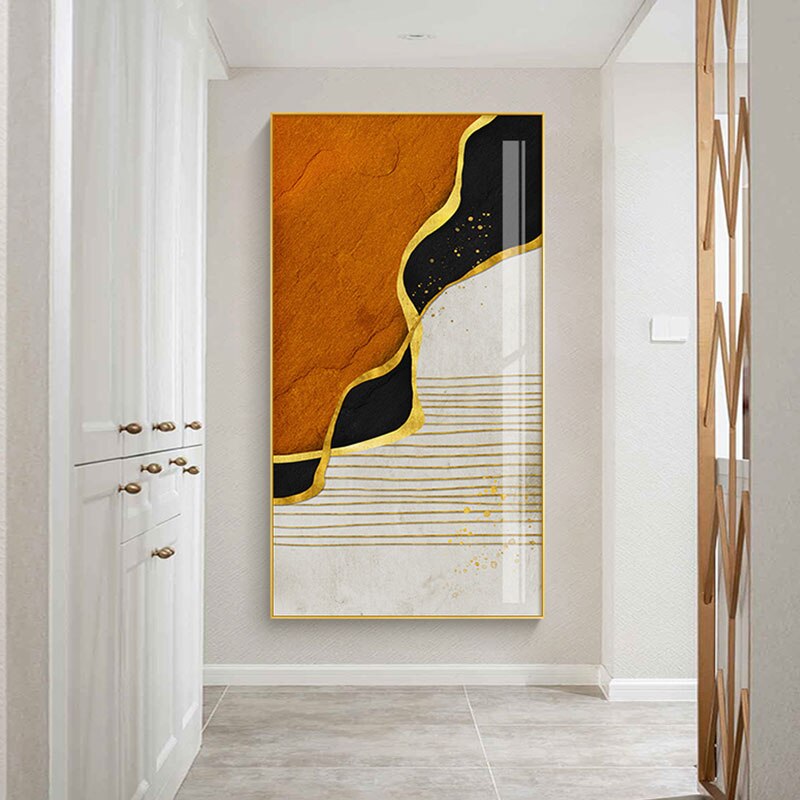 Abstract Golden Rain Vertical Format Wall Art Fine Art Canvas Prints Pictures For Entrance Hall Reception Living Room Art Decor