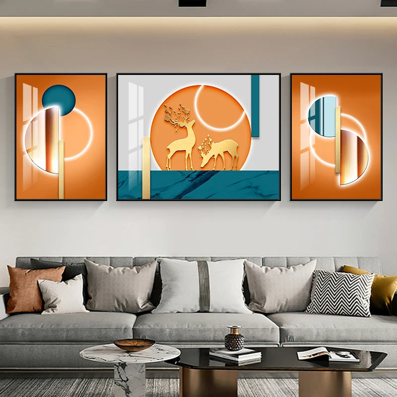 Set of 3Pcs Nordic Abstract Circle Of Light Auspicious Flowing Landscape Wall Art Fine Art Canvas Prints Pictures For Luxury Living Room Dining Room Wall Decor (Triptych, Set of 3)