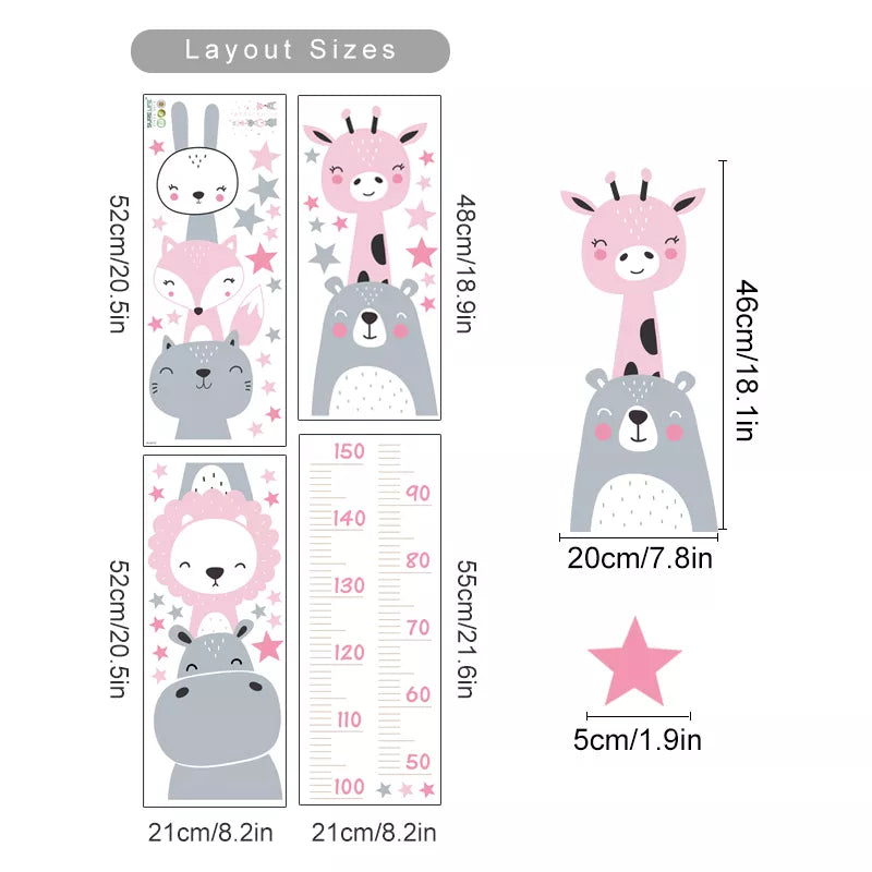 Cute Woodland Animals Height Measurement Wall Sticker For Nursery Room Removable Peel & Stick PVC Wall Decal For Creative Kid's Room Decor