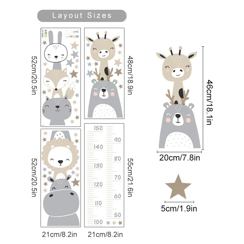 Cute Woodland Animals Height Measurement Wall Sticker For Nursery Room Removable Peel & Stick PVC Wall Decal For Creative Kid's Room Decor