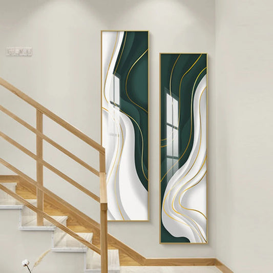 Modern Abstract Green Gray Golden Flowing Ribbon Wall Art Fine Art Canvas Prints Tall Format Pictures For Living Room Foyer Stairway Wall Decor