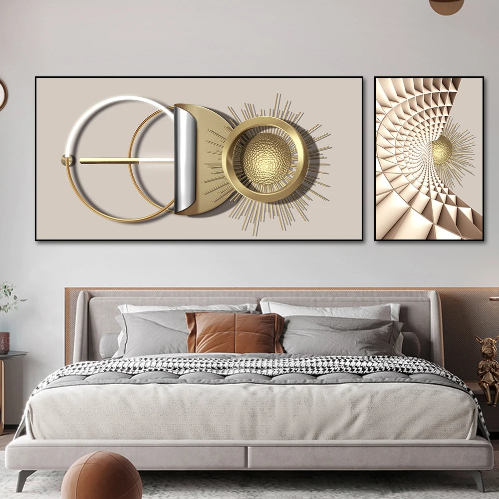 Modern Abstract Golden Sun Moon Wall Art Fine Art Canvas Prints 3d Visual Geometric Pictures For Luxury Loft Penthouse Home Office Decor