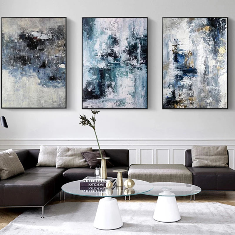 Blue Gray Contemporary Abstract Wall Art Fine Art Canvas Prints Posters Pictures For Living Room Home Office Art Decor