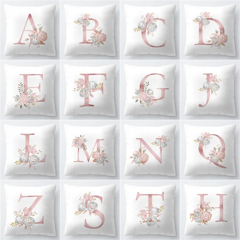 Pink Golden Floral Letter Cushion Case 45x45cm Cushion Cover For Living Room Sofa Throw Cushion Polyester Cotton Square Pillow Cases