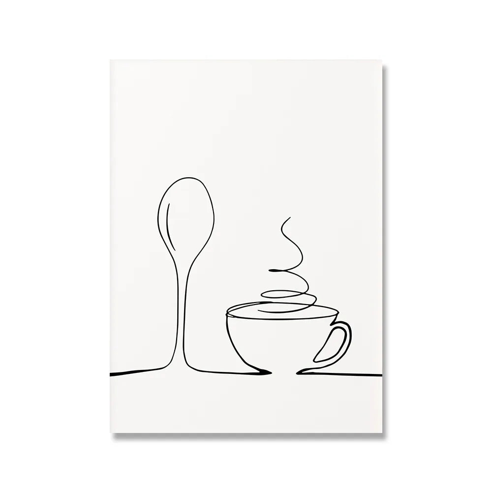 Minimalist Food & Drink Kitchen Wall Art Black White Line Art Canvas Print For Coffee Shop Restaurant Tea Room Cafe Nordic Style Home Interior Decor