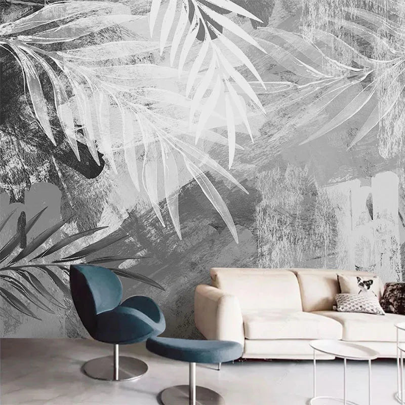 Nordic Wall Mural Black White Abstract Hand Painted Leaf Print Design Large Sizes Wall Art Fresco Custom Size Wall Decor Printed Painting For Living Room Decor