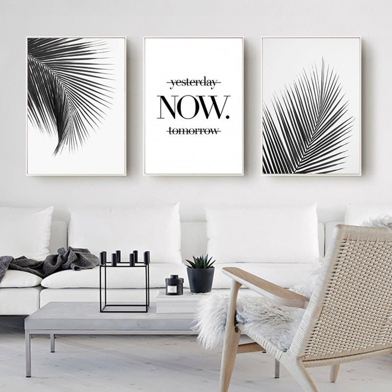 Simple Living Daily Inspirational Wall Art Black White Minimalist Tropical Leaves Pictures For Family Living Room Bedroom Art Decor