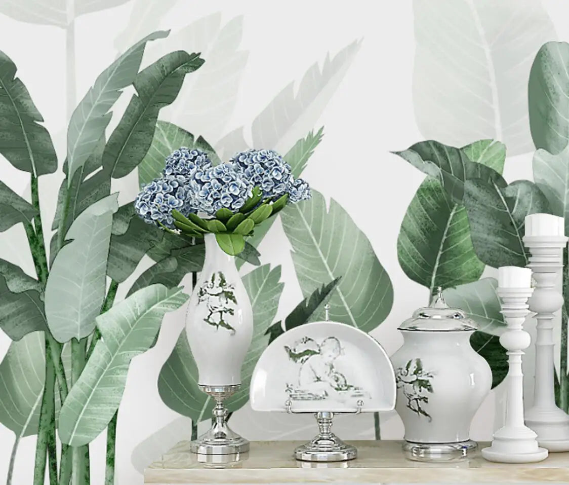 Tropical Green Leaves Wall Mural Big Size Palm Leaf Forest Exotic Foliage Green Leaf Wall Decor Custom Size Wall Covering Wallpaper For Living Room