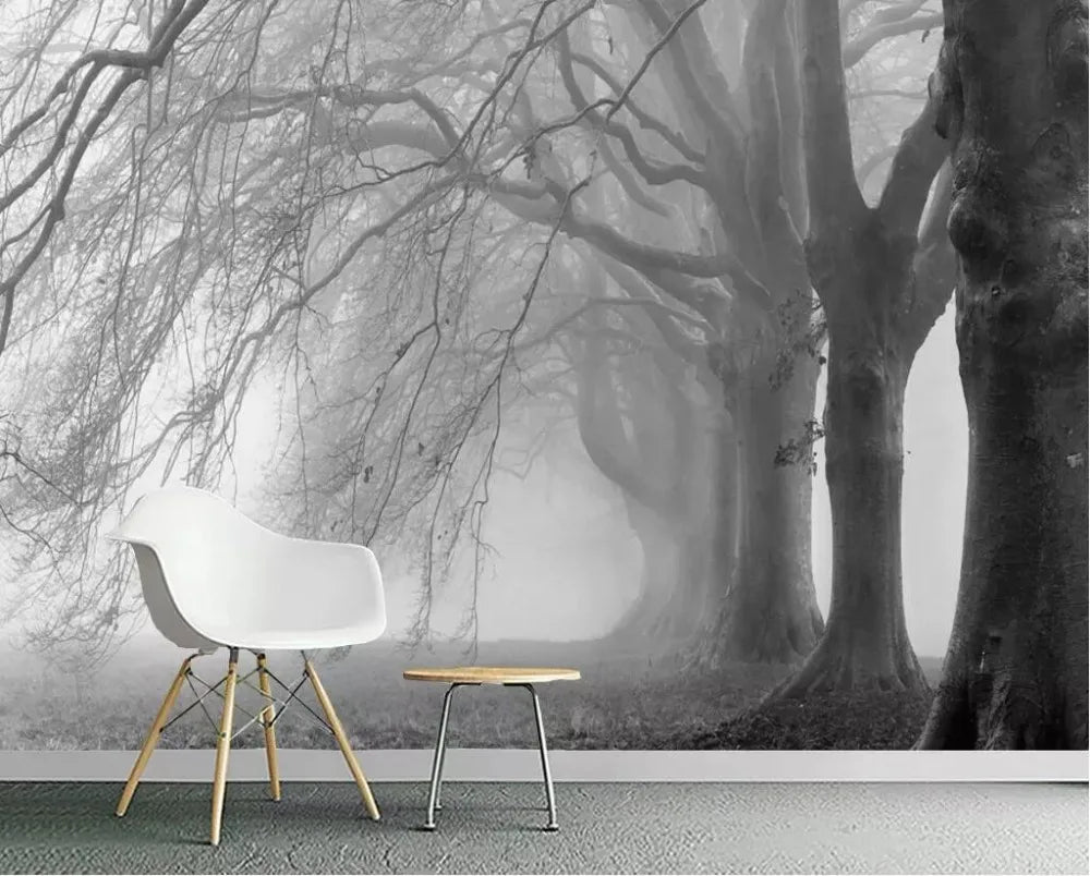 Black & White Woodland Landscape Wall Mural Big Format Custom Sizes Nordic Wall Covering Creative DIY Wall Decor For Living Room