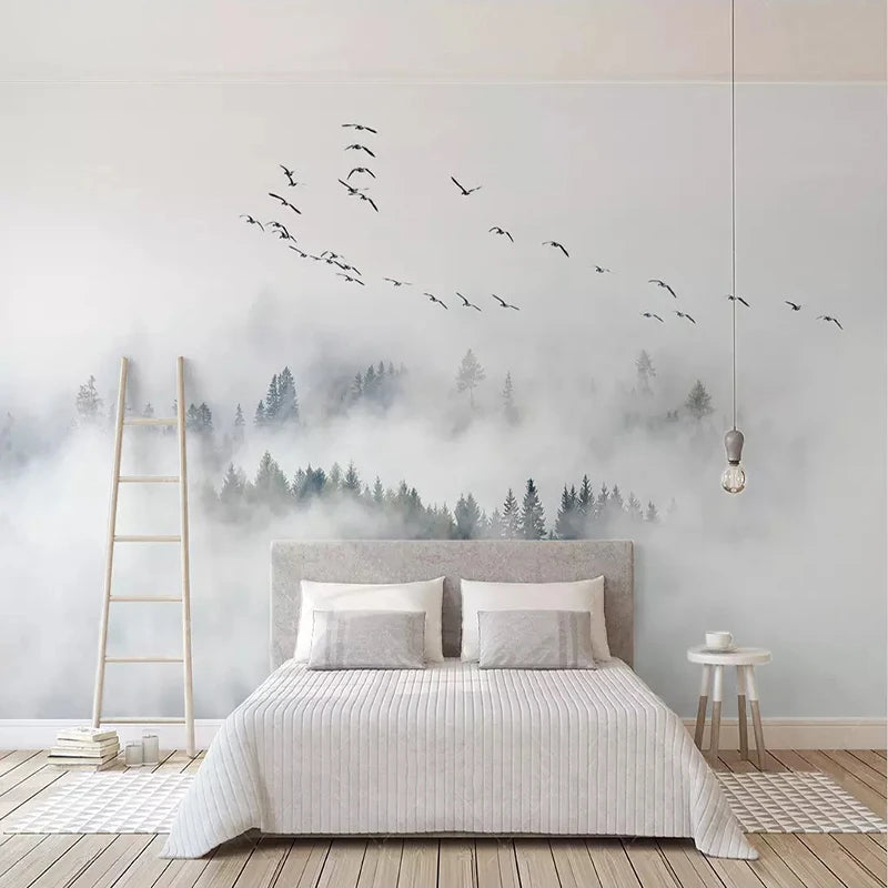 Misty Forest Landscape Large Format Wall Mural Pine Trees & Birds Picture Of Calm Photo Realistic Custom Sizes Nordic Wall Decor For Living Room