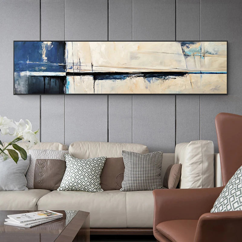 Blue Beige Wide Format Vintage Abstract Wall Art Fine Art Canvas Print Modern Art For Living Room Above The Sofa Picture For Above The Bed