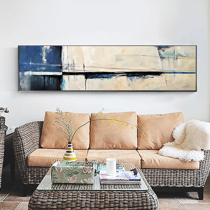 Blue Beige Wide Format Vintage Abstract Wall Art Fine Art Canvas Print Modern Art For Living Room Above The Sofa Picture For Above The Bed