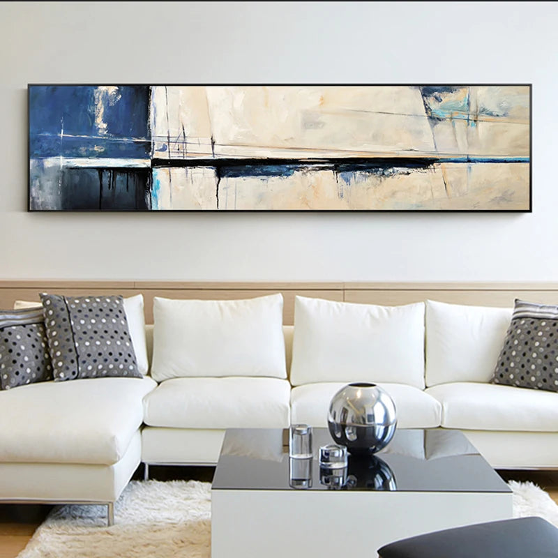 Blue Beige Wide Format Vintage Abstract Wall Art Fine Art Canvas Print Modern Art For Living Room Above The Sofa Picture For Above The Bed