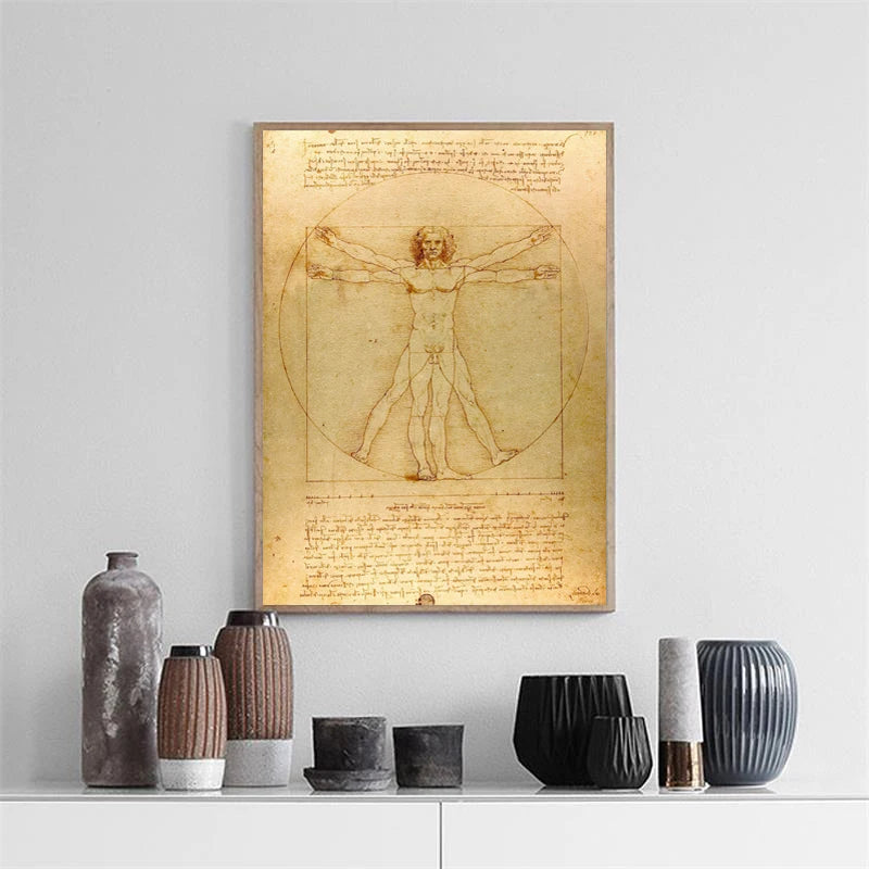 Classic Painting Vitruvian Man, Study of Proportions by Leonardo da Vinci Fine Art Canvas Print Famous Paintings Wall Art Home Office Decor
