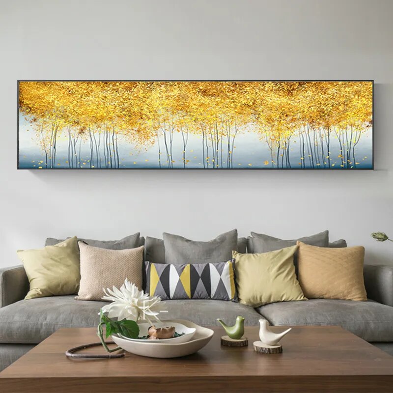 Modern Abstract Golden Beige Blue Wide Format Wall Art Fine Art Canvas Prints Nordic Picture For Home Office Hotel Room Decor