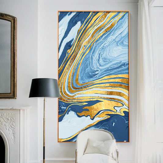 Golden Blue Abstract Liquid Marble Print Wall Art Fine Art Canvas Prints Pictures For Modern Living Room Hotel Room Entrance Hall Art Decor