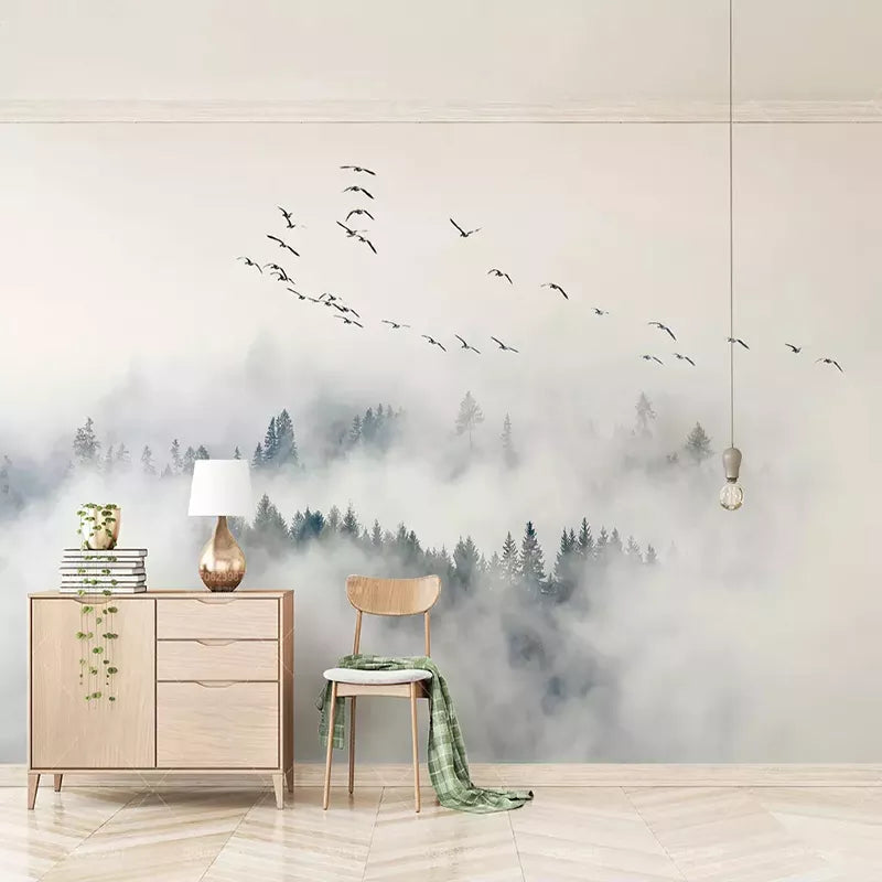 Misty Forest Landscape Large Format Wall Mural Pine Trees & Birds Picture Of Calm Photo Realistic Custom Sizes Nordic Wall Decor For Living Room