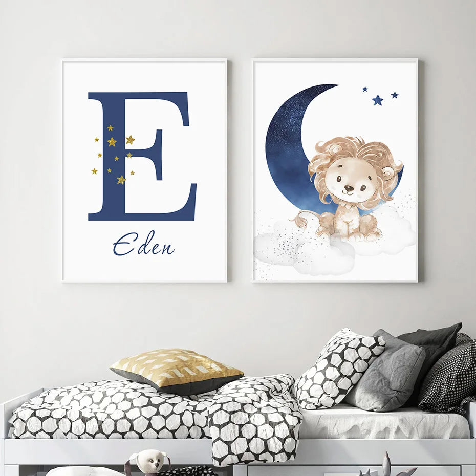 Cute Animals Blue Moon & Stars Personalized Baby's Name Wall Art Fine Art Canvas Prints For Nursery Room Pictures For Kid's Room Decor