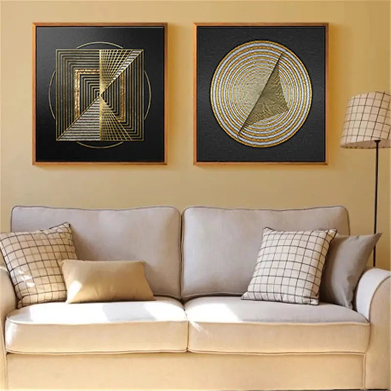 Black Golden Spherical Abstract Geometric Wall Art Fine Art Canvas Prints Modern Aesthetics Square Format Pictures For Living Room Home Office Decor