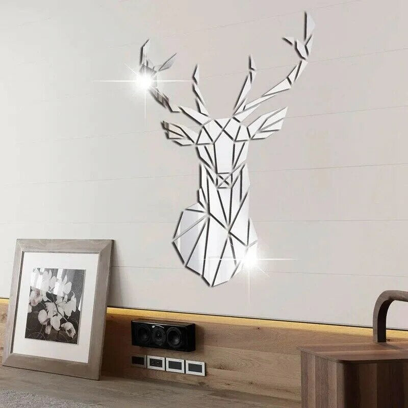 3D Geometric Nordic Deer Head Polished Acrylic Mirror Wall Sticker Decal Removable Creative DIY Wall Mural For Kitchen Living Room Entrance Hall Home Office Wall Decor