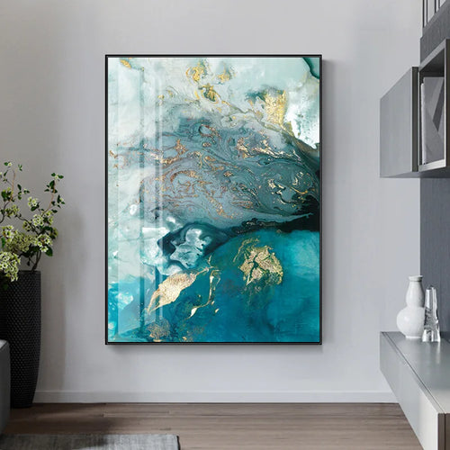 Abstract Aqua Blue Green Jade Golden Liquid Marble Print Wall Art Fine Art Canvas Prints Pictures For Luxury Living Room Art Decor