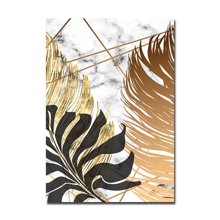 Nordic Tropical Gold Leaves Abstract Wall Art Posters Fine Art Canvas Prints Trendy Pictures For Modern Apartment Living Room Decor