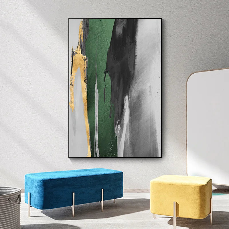 Green Gray Golden Seam Geomorphic Abstract Wall Art Fine Art Canvas Prints Pictures For Modern Apartment Living Room Dining Room Home Office