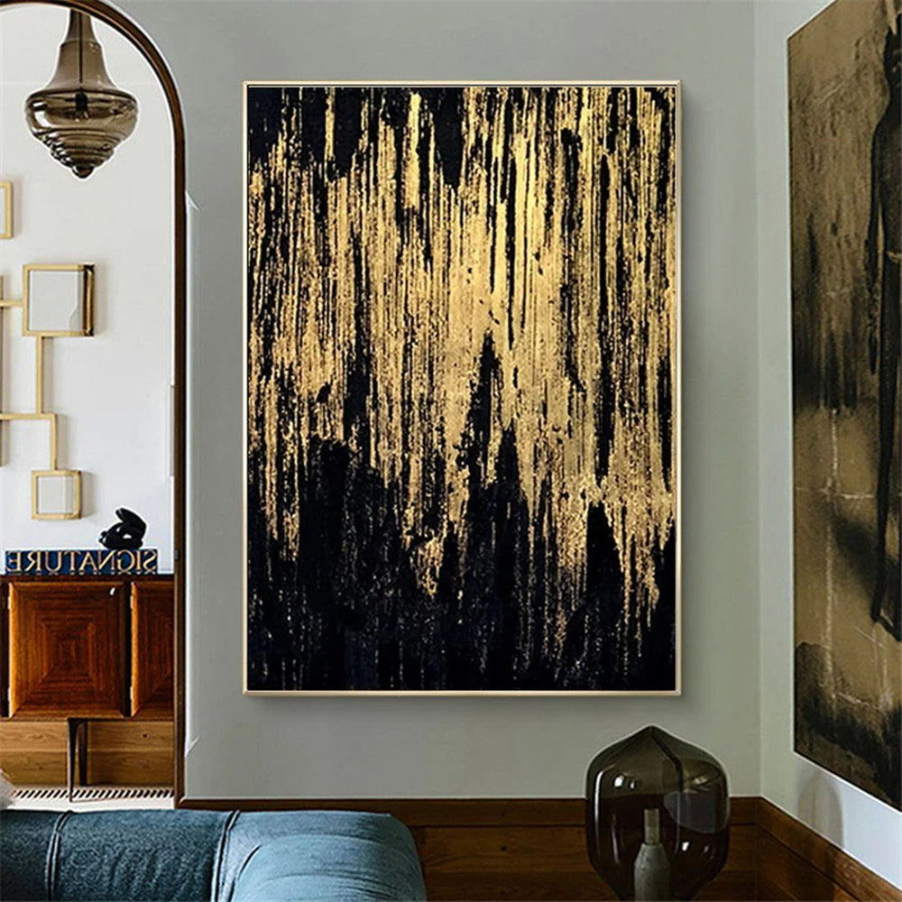 * Hand Painted * Modern Abstract Wall Art Large Format Golden Painting Textured Brush Strokes Acrylic Oil On Canvas Picture For Luxury Living Room