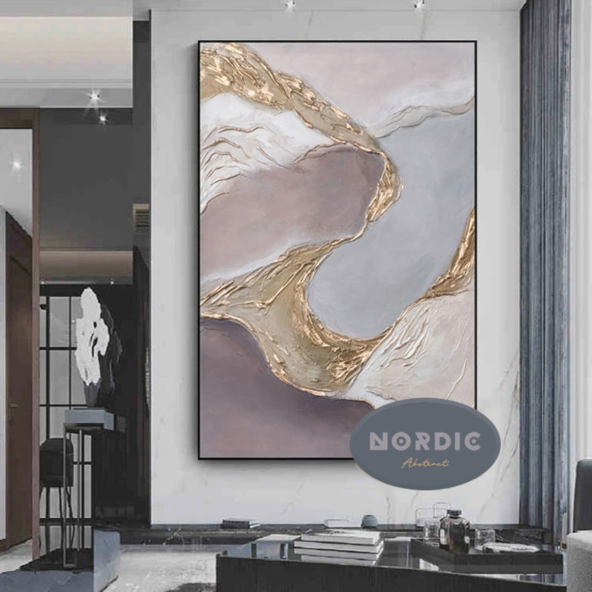 * Hand Painted * Large Format Wall Art Golden Abstract Painting Textured Brushed Strokes Acrylic Oil On Canvas Picture For Living Room Decor